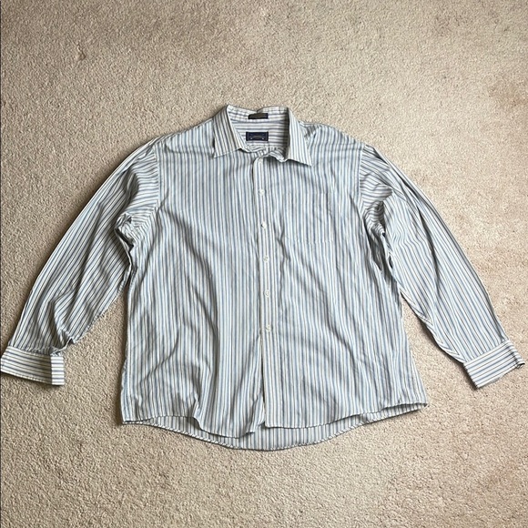 Blue and White Casual Button Down Shirt with Vertical Stripes - Picture 1 of 6